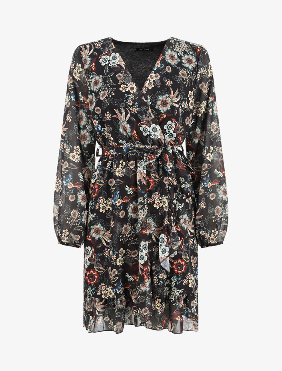 Robe à volants imprimé fleurs baroques - Noir - 4