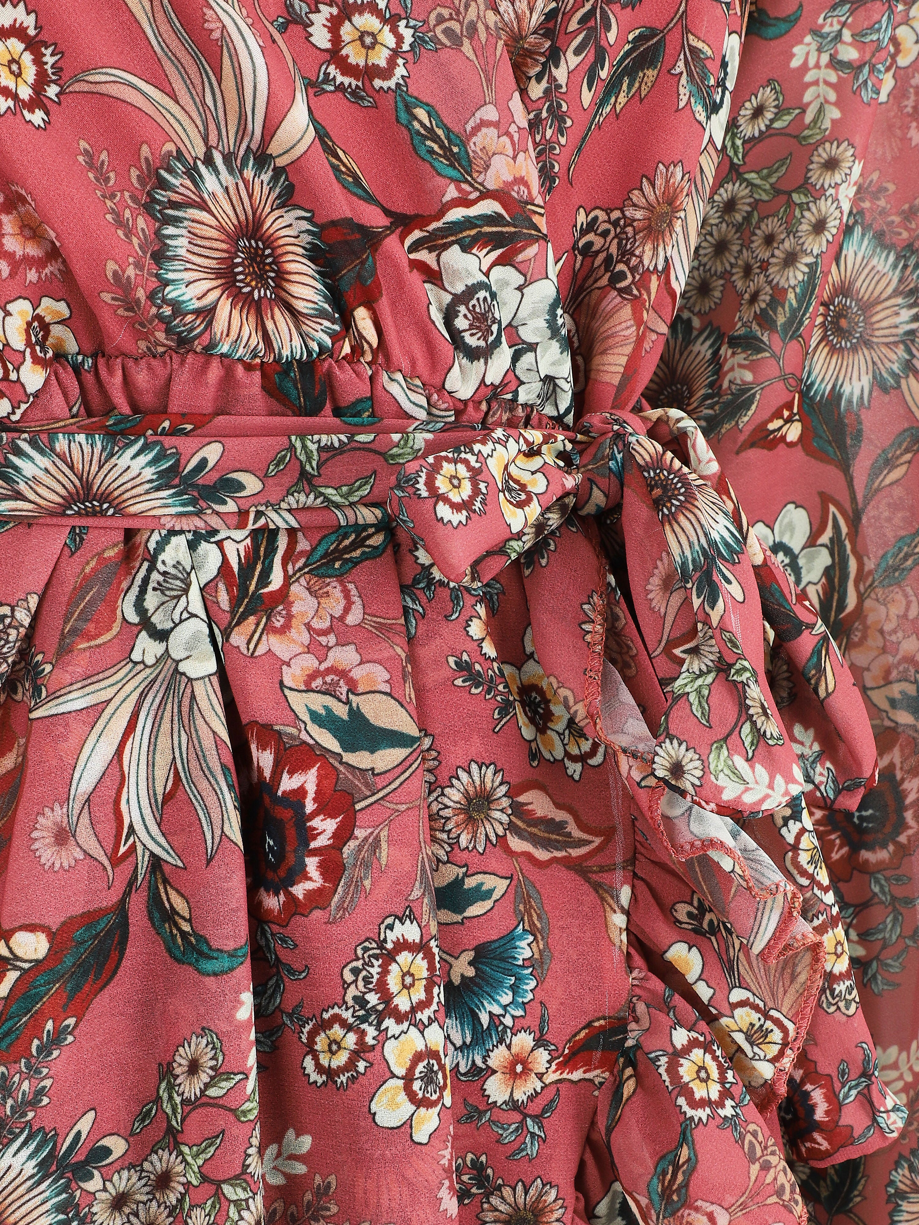 Robe à volants imprimé fleurs baroques - Vieux rose - 3