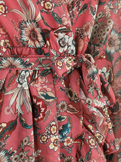 Robe à volants imprimé fleurs baroques - Vieux rose - 3
