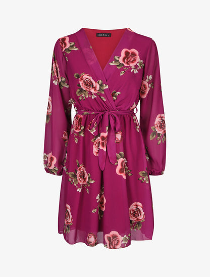 Robe mi-longue taille élastiquée imprimé roses - Mauve - 5