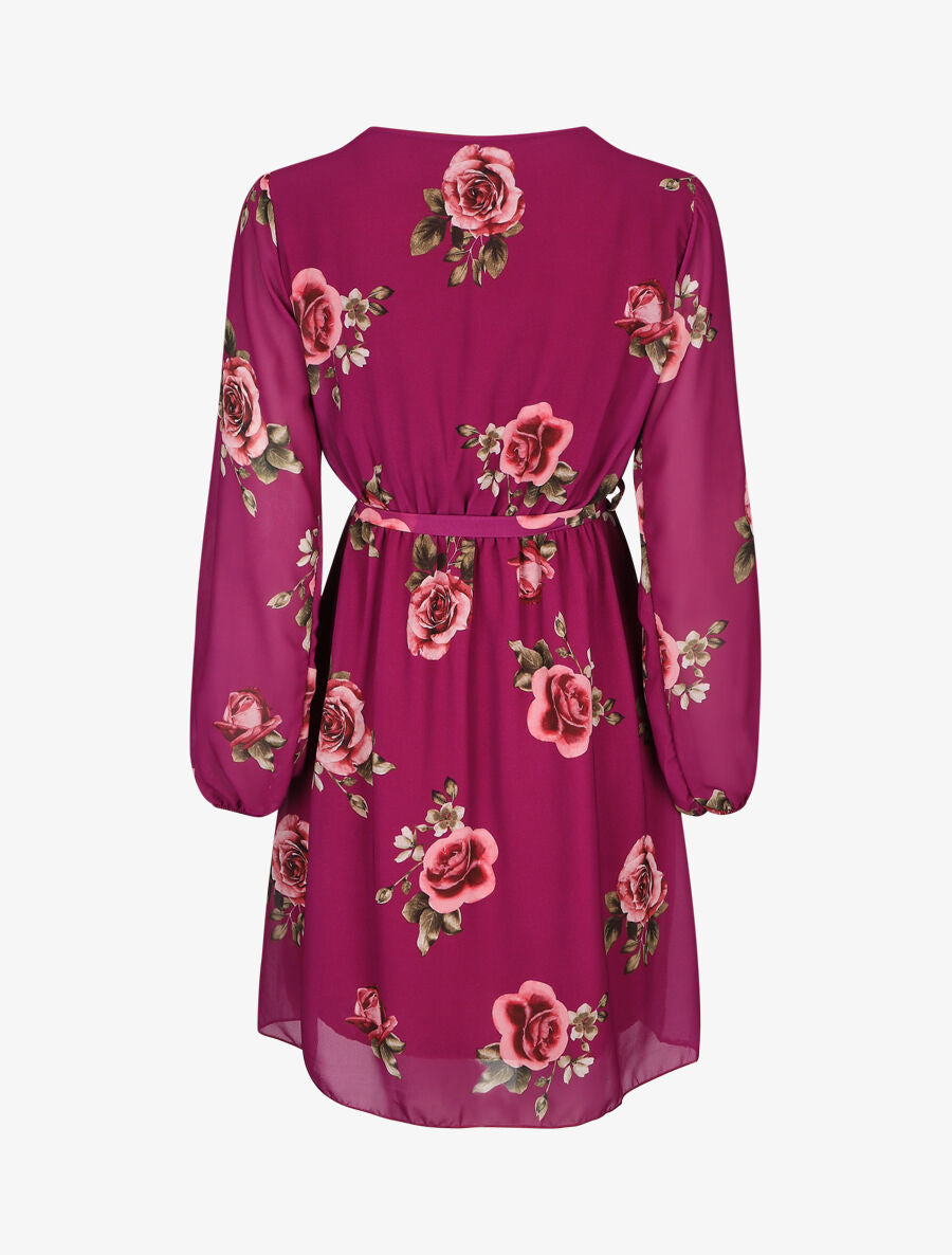 Robe mi-longue taille élastiquée imprimé roses - Mauve - 2
