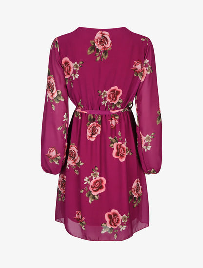 Robe mi-longue taille élastiquée imprimé roses - Mauve - 2