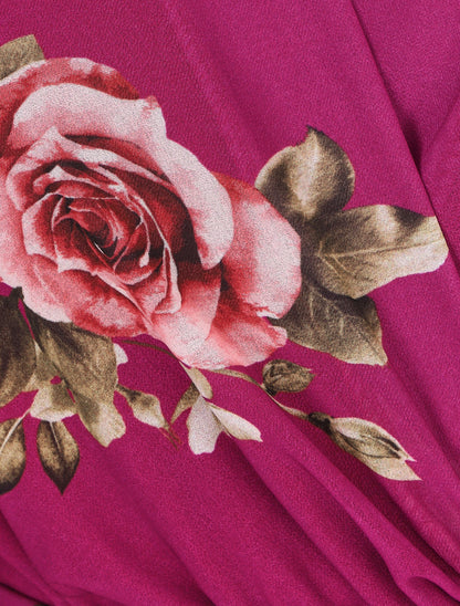 Robe mi-longue taille élastiquée imprimé roses - Mauve - 3
