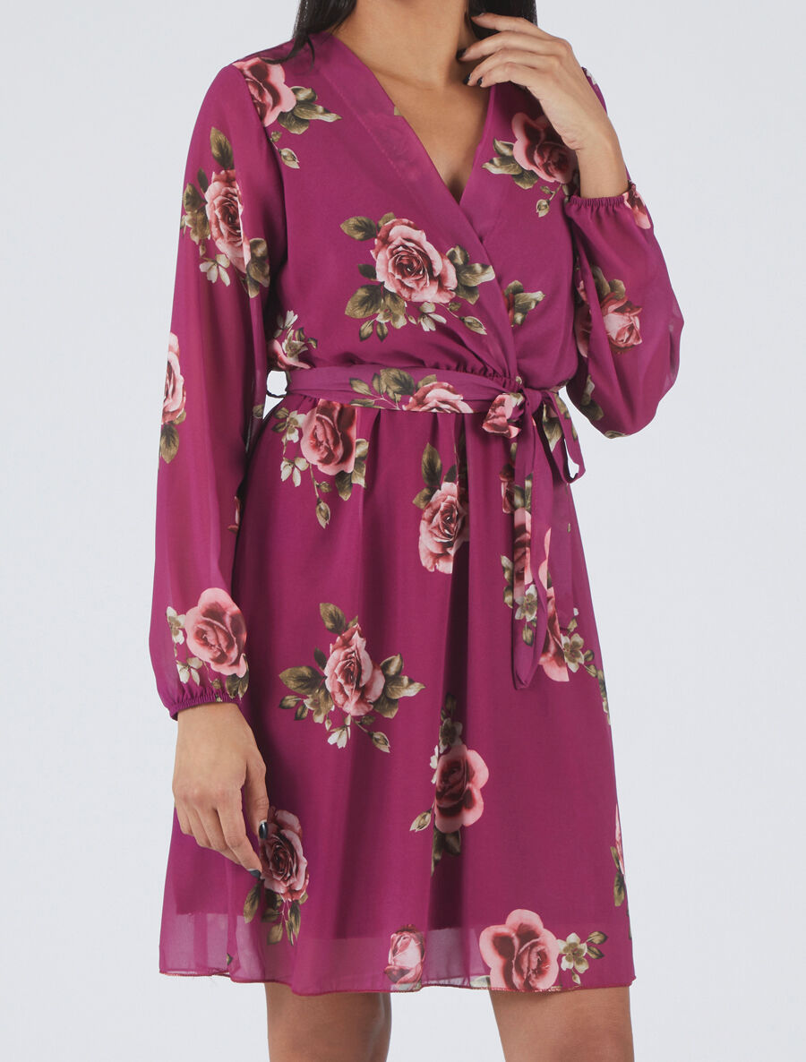Robe mi-longue taille élastiquée imprimé roses - Mauve - 4