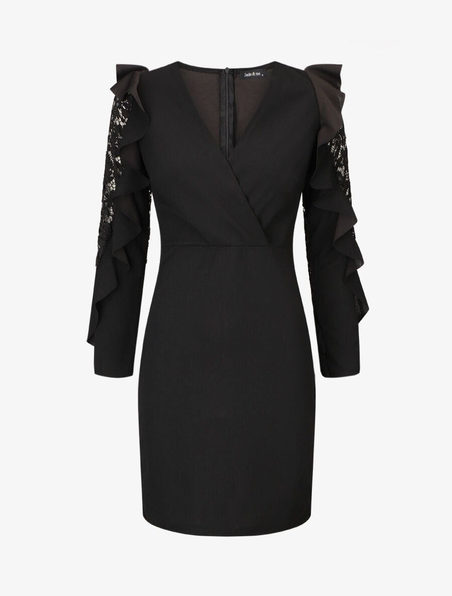 Robe unie à manches longues volantées en dentelle - Noir - 1