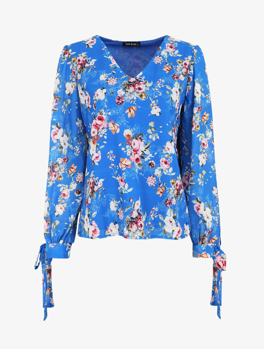 Top col V imprimé fleuri - Bleu - 5