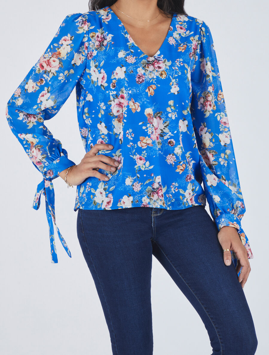 Top col V imprimé fleuri - Bleu - 4
