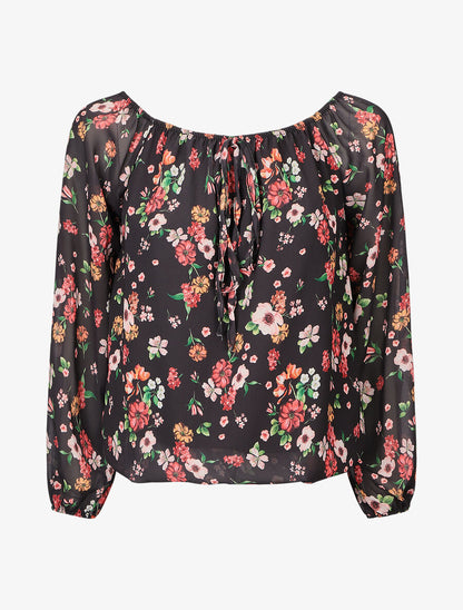 Blouse imprimé fleuri à manches transparentes - Noir - 1
