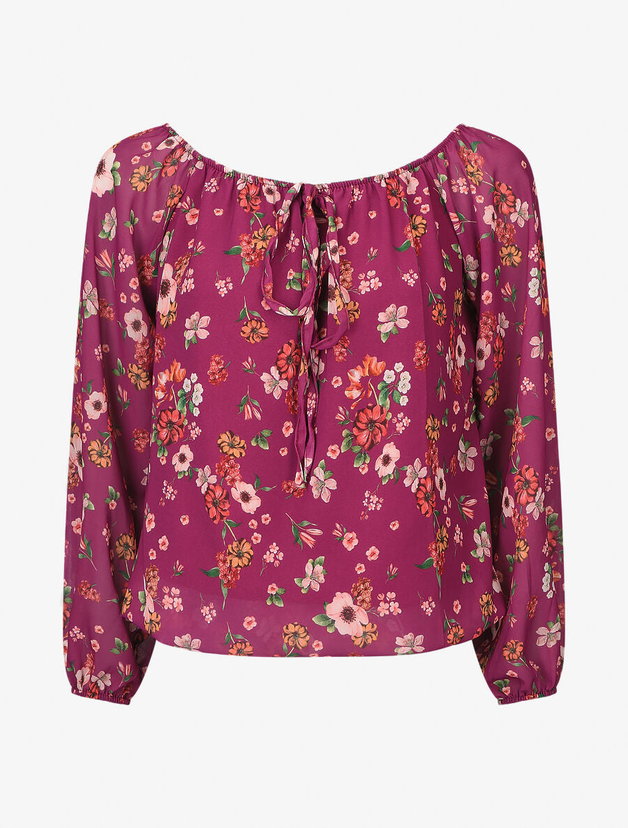 Blouse imprimé fleuri à manches transparentes - Mauve - 1