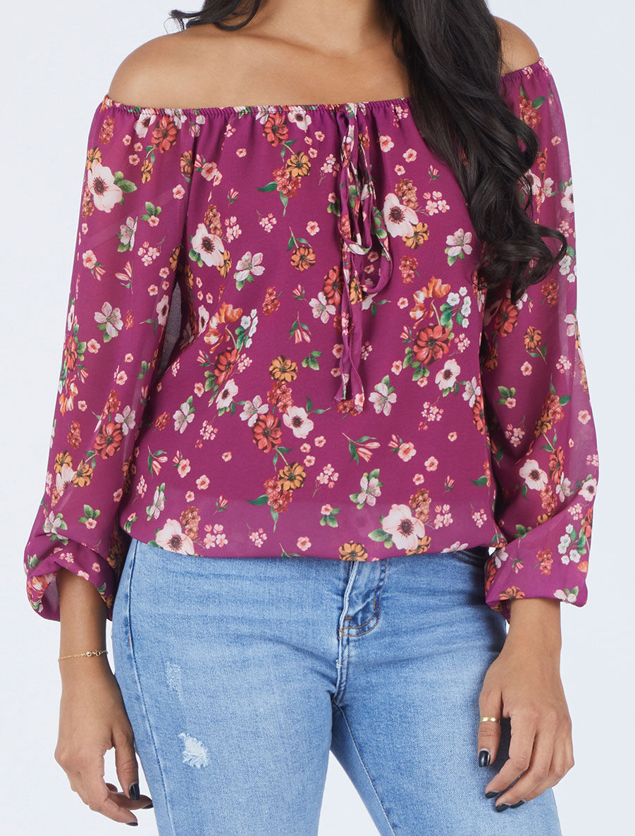 Blouse imprimé fleuri à manches transparentes - Mauve - 4