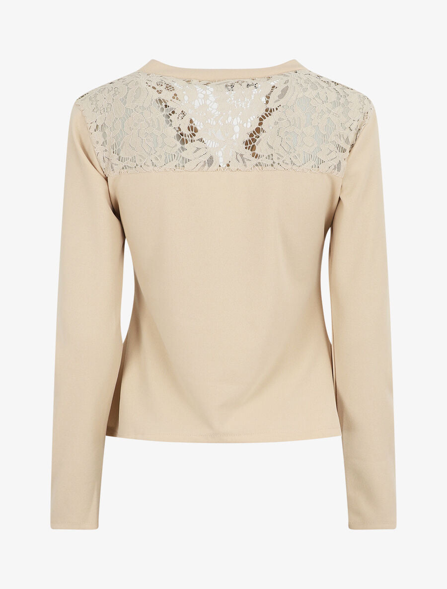 Blouse unie à dentelle - Beige - 2