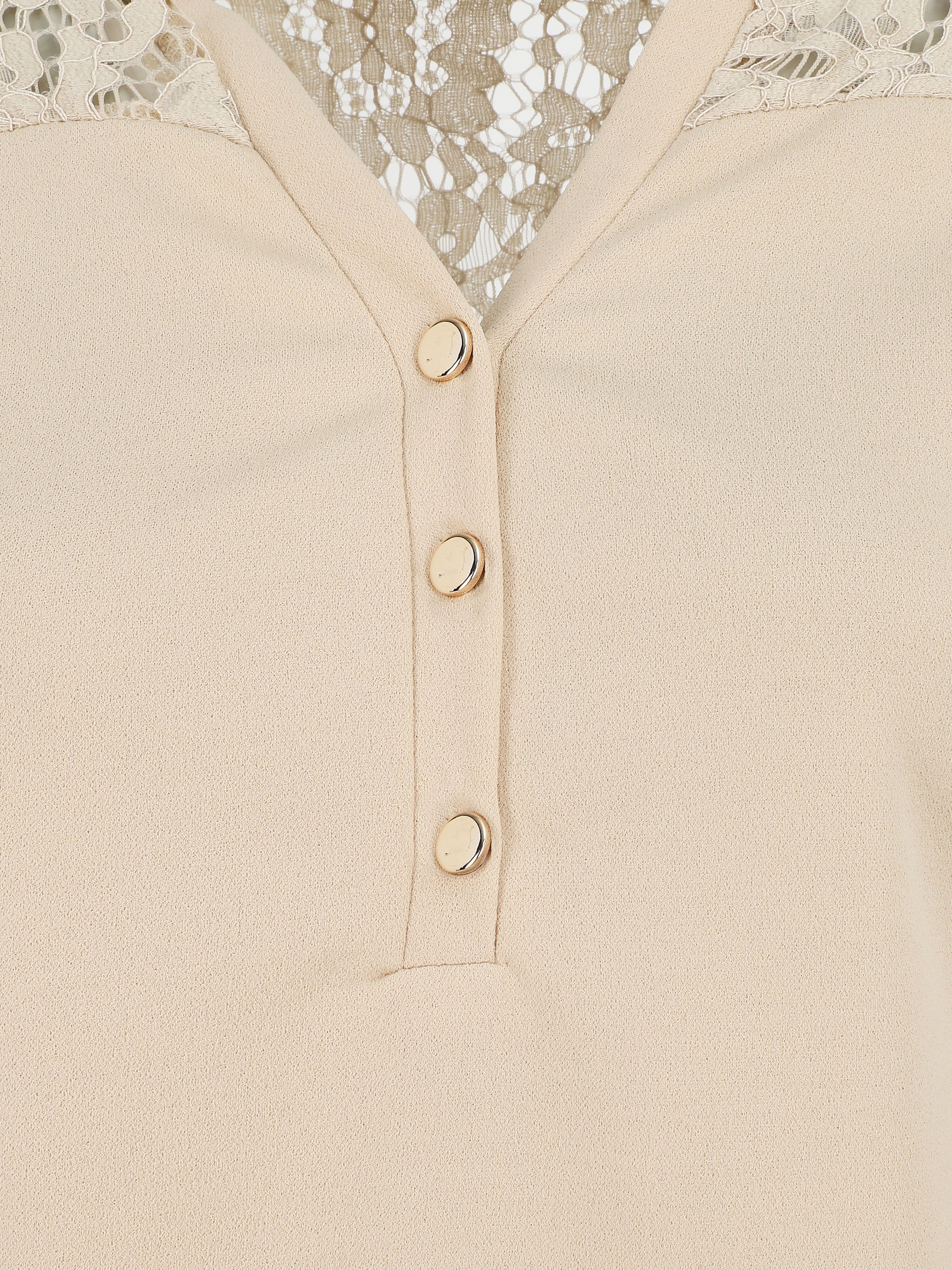 Blouse unie à dentelle - Beige - 3