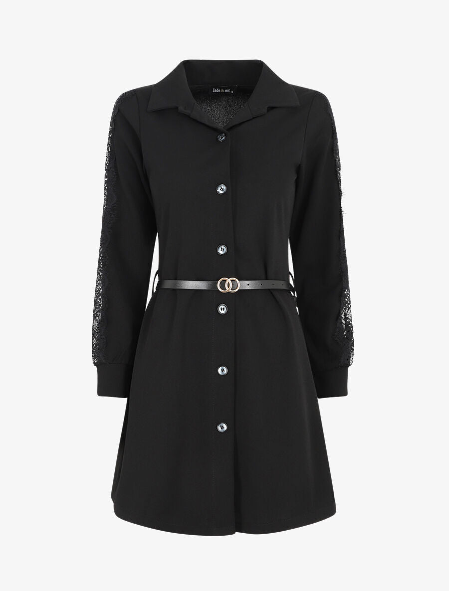 Robe chemise à manches dentelle - Noir - 1