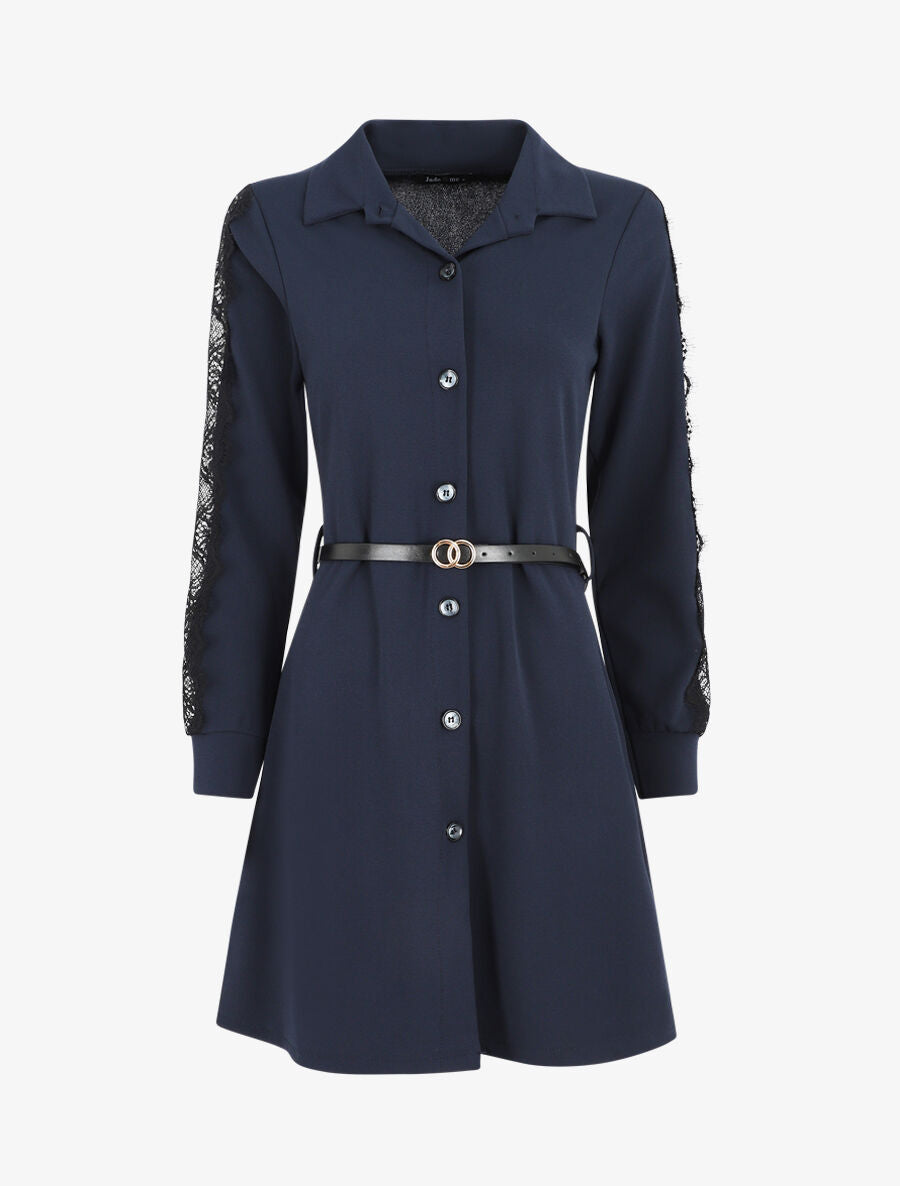 Robe chemise à manches dentelle - Marine - 1