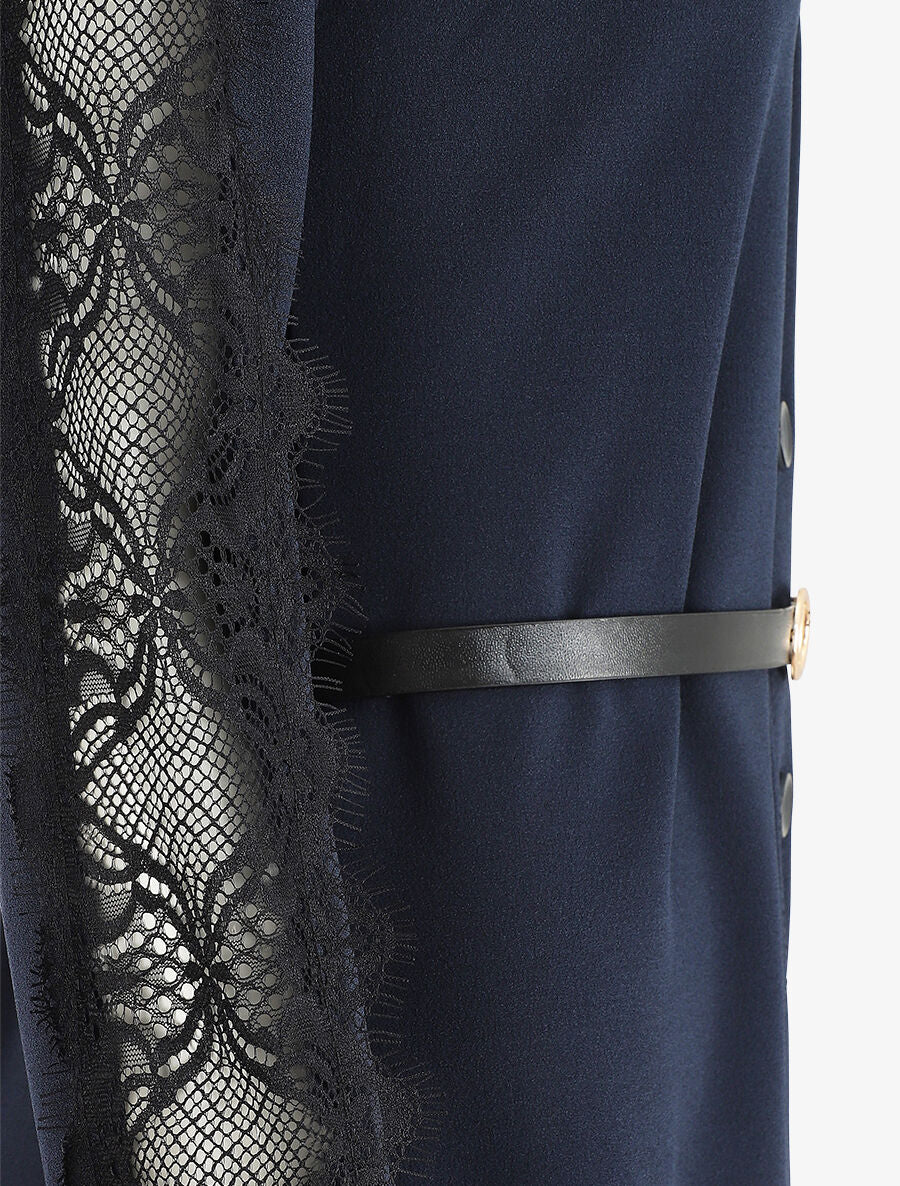 Robe chemise à manches dentelle - Marine - 3
