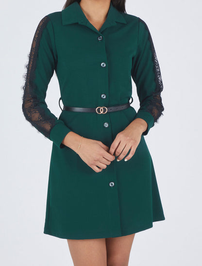 Robe chemise à manches dentelle - Vert foncé - 4