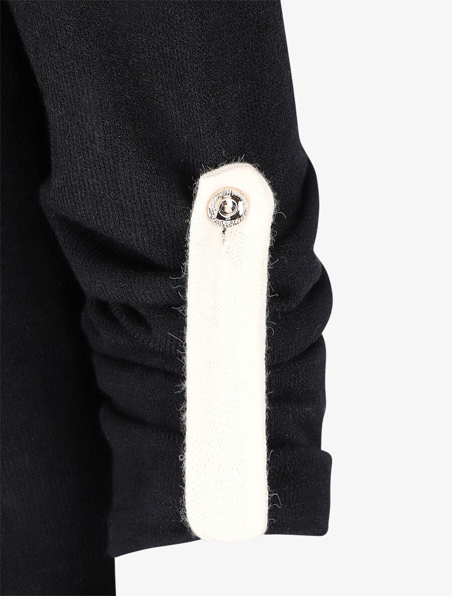 Pull col V contrastant à manches retroussables - Noir - 3