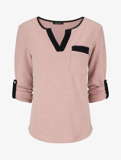 Pull col V contrastant à manches retroussables - Rose - 4