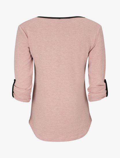 Pull col V contrastant à manches retroussables - Rose - 2