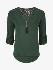 Pull à manches retroussables et dentelle - Vert sapin - 1