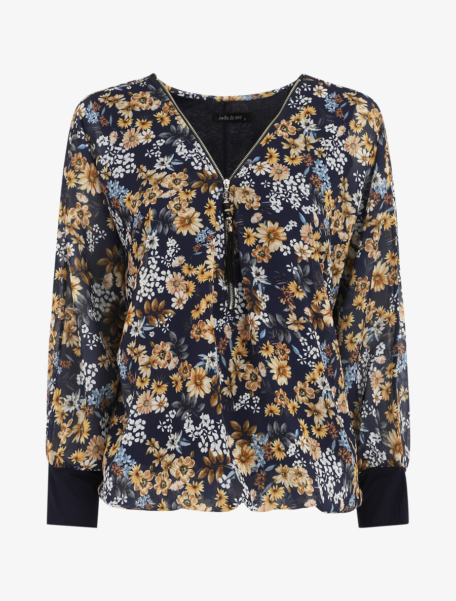 Blouse ample fleuri col zippé - Marine - 1