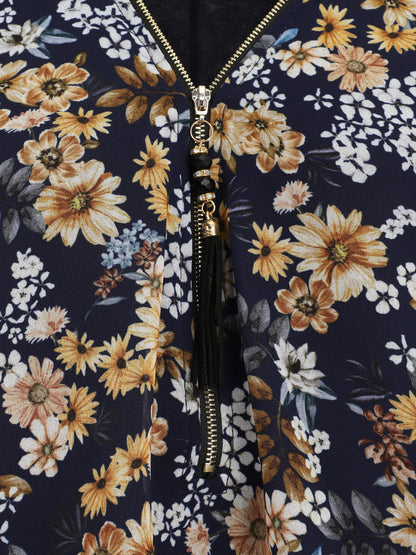 Blouse ample fleuri col zippé - Marine - 3