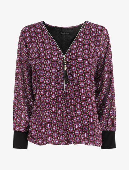 Blouse ample imprimé mosaïque fleurie à col zippé - Violet - 1