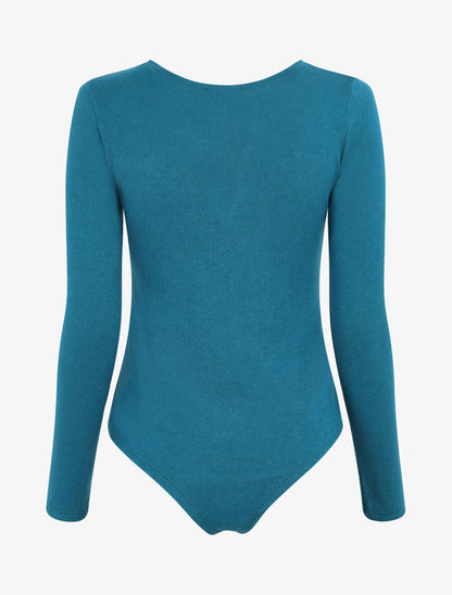 Body en maille uni à col V zippé - Bleu canard - 2