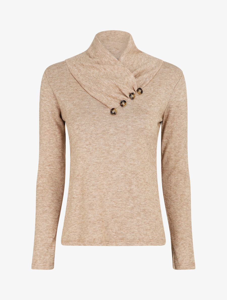 Pull fin à col montant et boutons décoratifs - Beige - 5