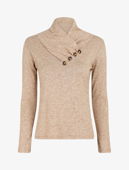 Pull fin à col montant et boutons décoratifs - Beige - 5