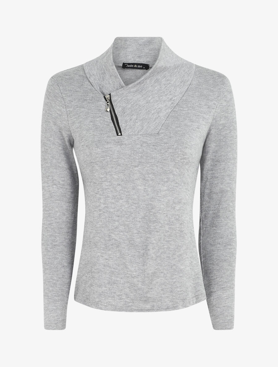Pull fin à col V fantaisie zippé - Gris - 1