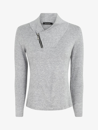 Pull fin à col V fantaisie zippé - Gris - 1