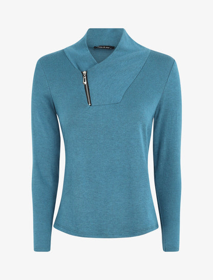 Pull fin à col V fantaisie zippé - Bleu charrette - 1