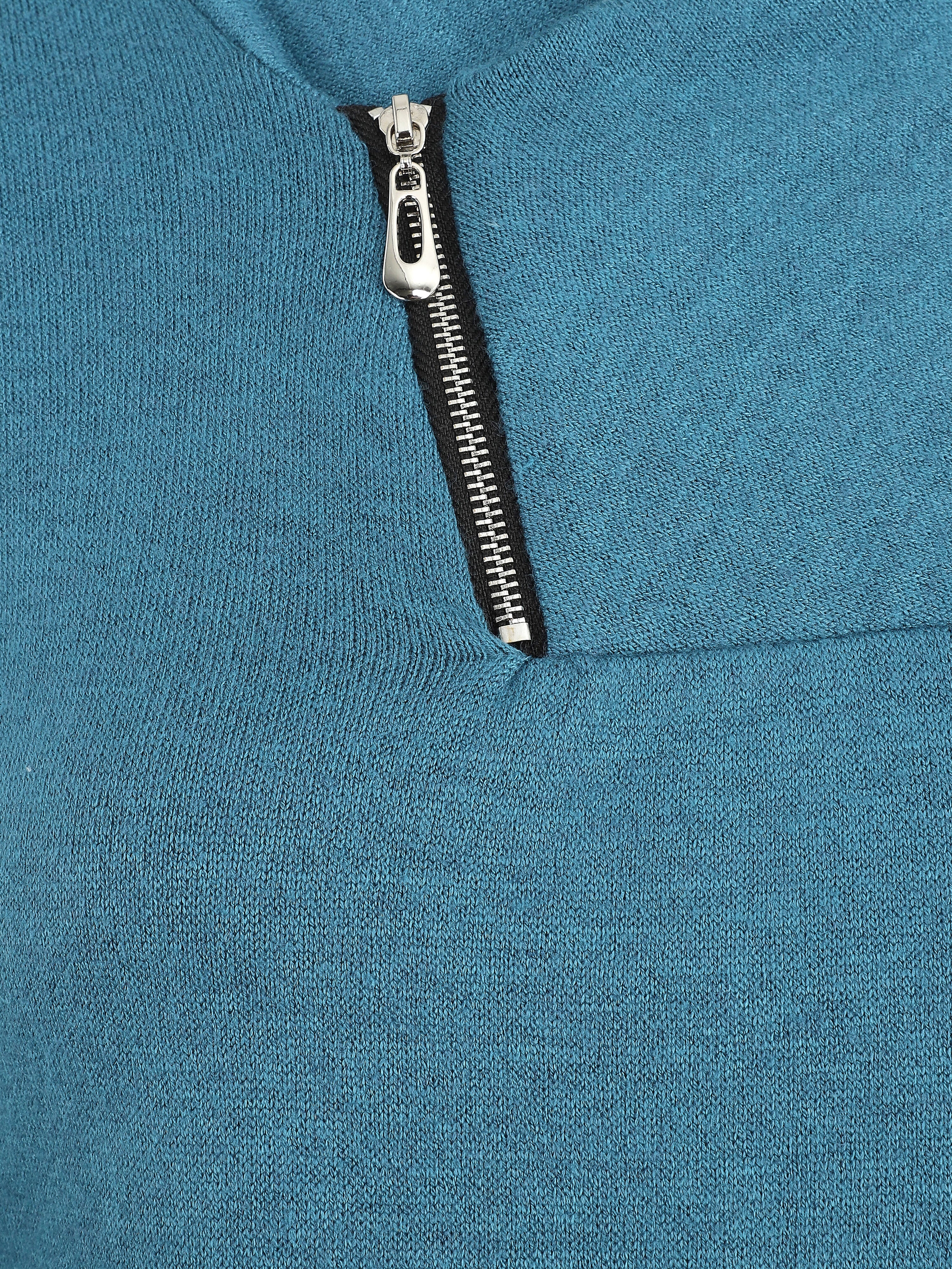 Pull fin à col V fantaisie zippé - Bleu charrette - 3