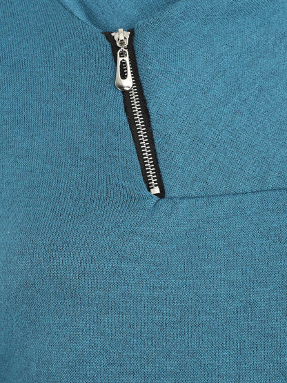 Pull fin à col V fantaisie zippé - Bleu charrette - 3