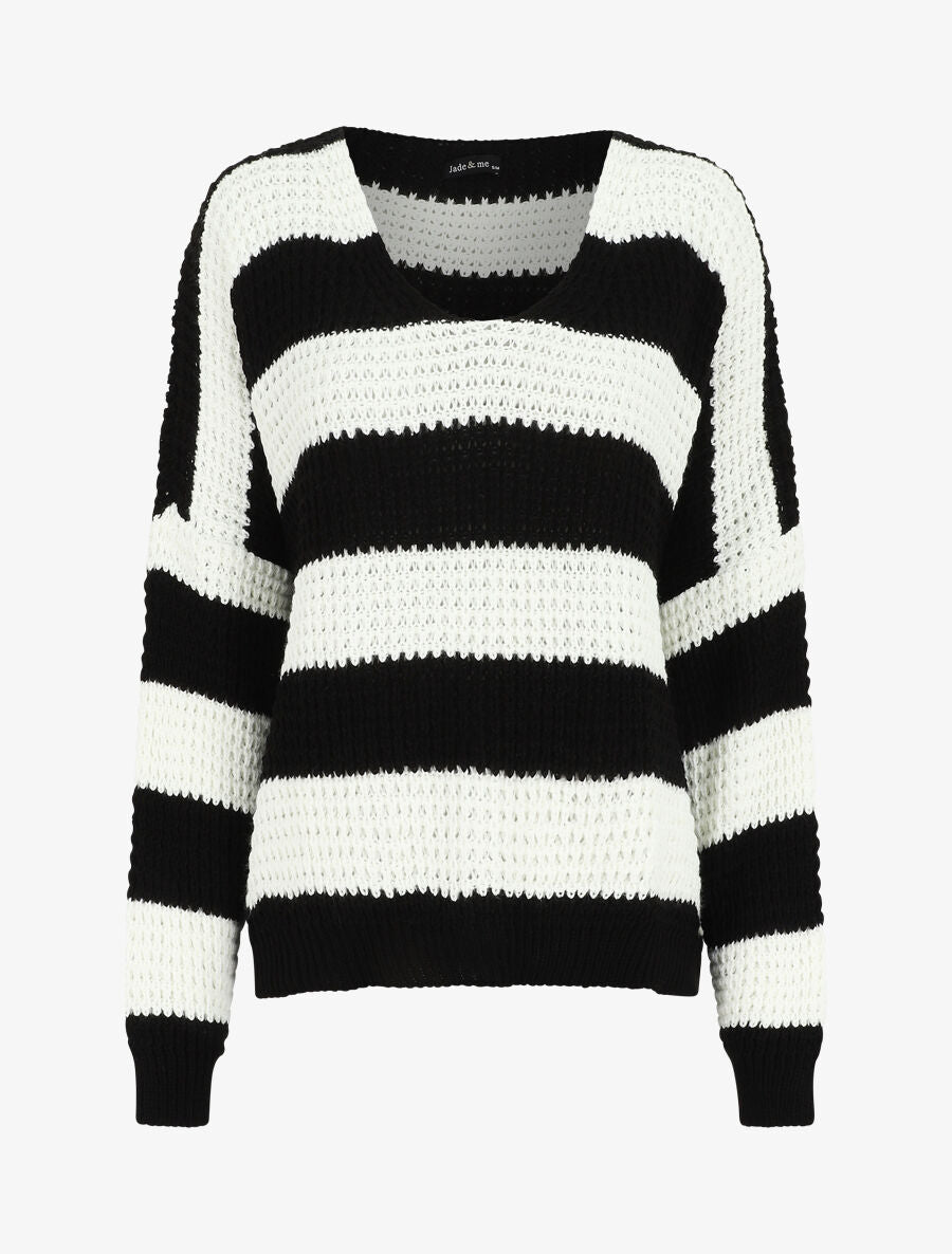 Pull rayé ample - Noir - 1