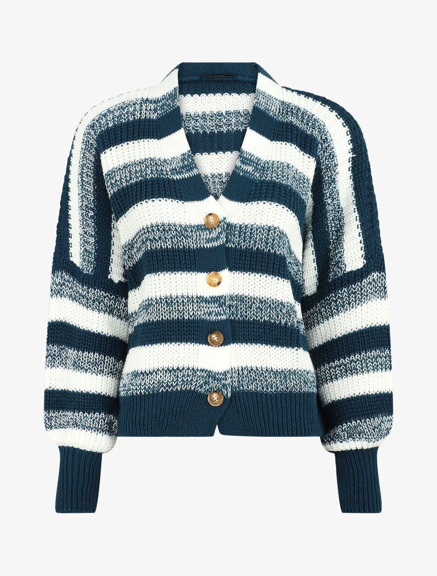 Cardigan à rayures et bords côtelés - Bleu canard - 5