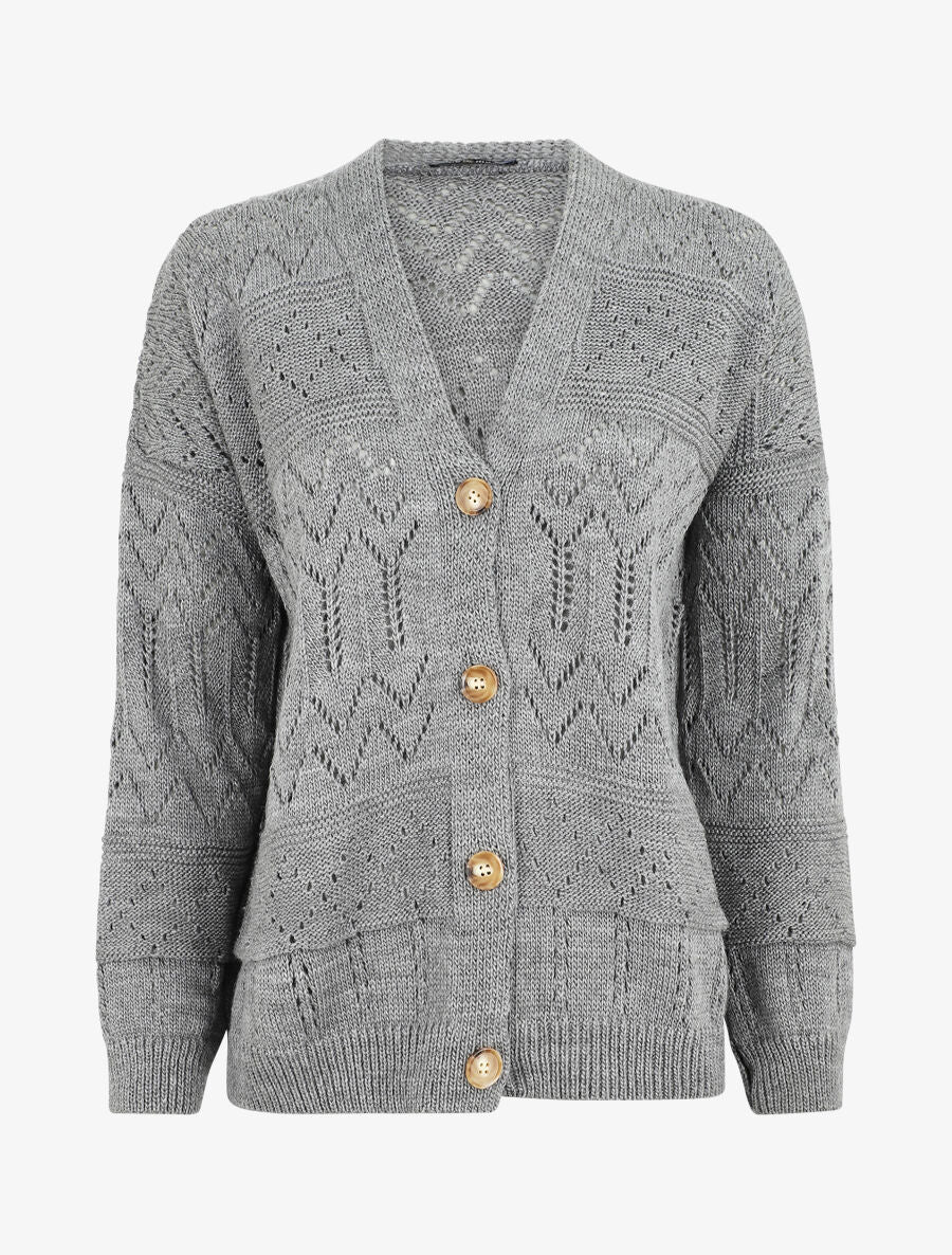 Cardigan grosse maille ajourée et bords côtelés - Gris - 1