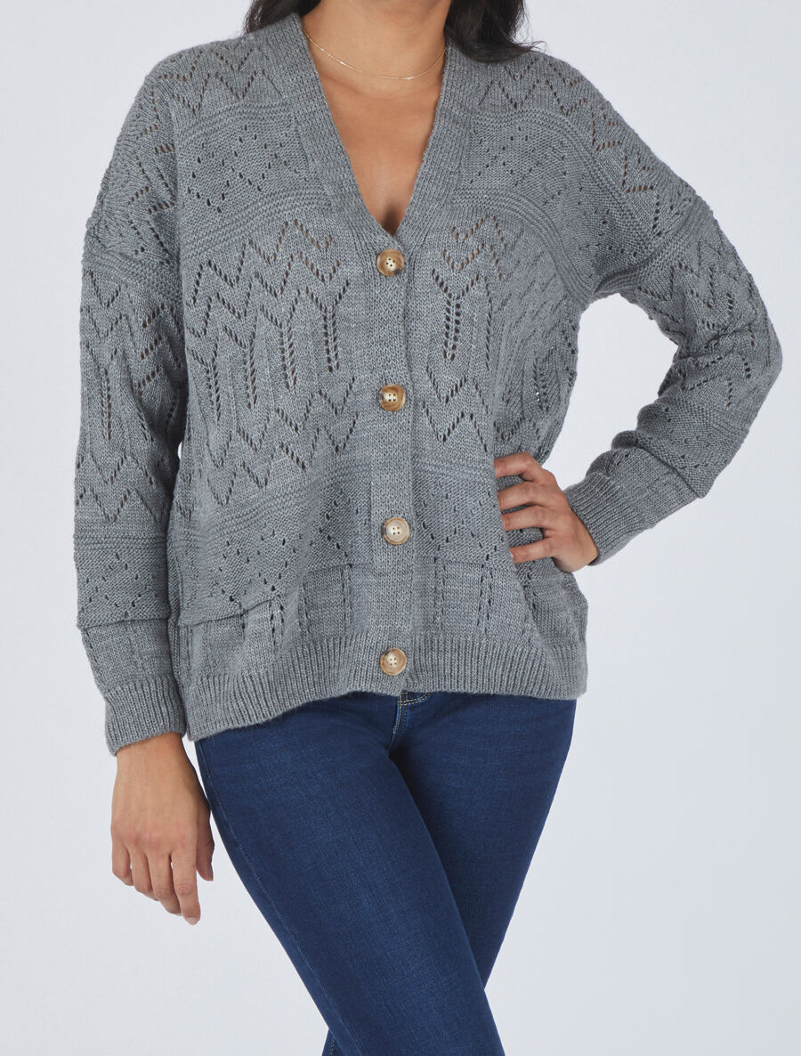 Cardigan grosse maille ajourée et bords côtelés - Gris - 4