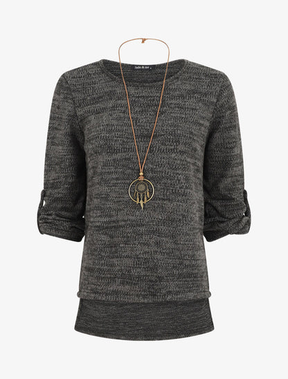 Pull à base asymétrique et manches retroussables - Anthracite - 4