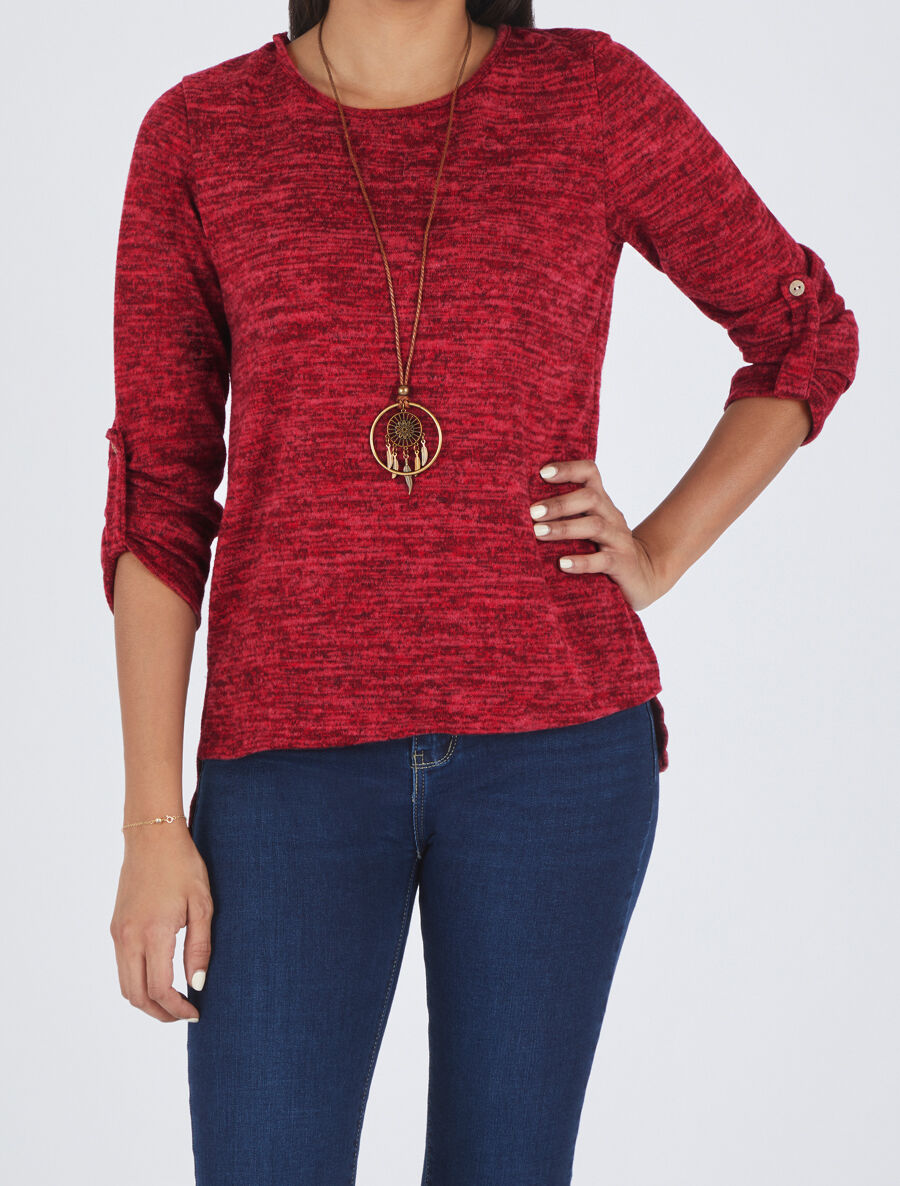 Pull à base asymétrique et manches retroussables - Rouge - 4