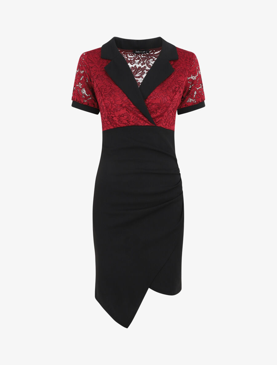 Robe bi-matière à base asymétrique - Rouge - 2