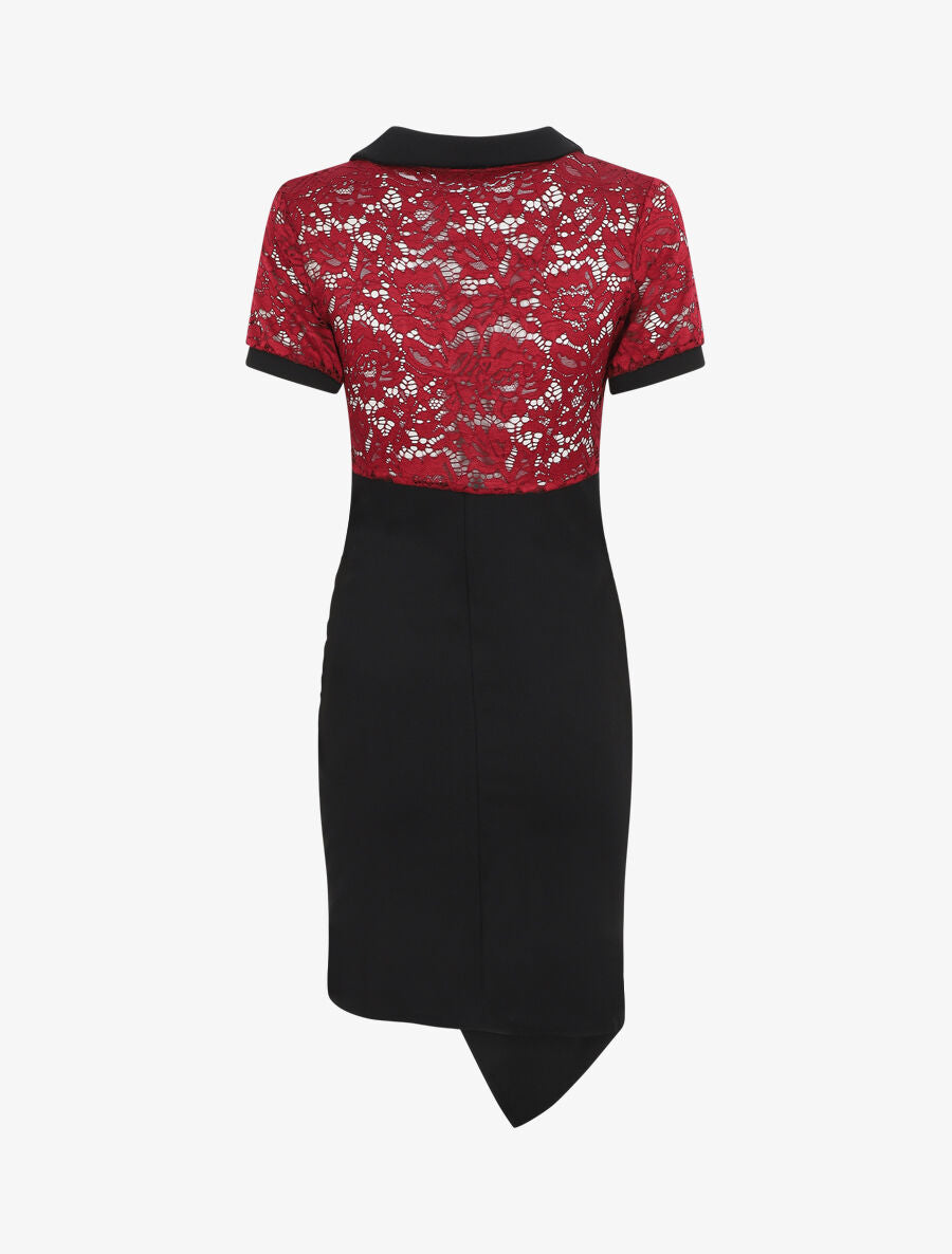 Robe bi-matière à base asymétrique - Rouge - 3