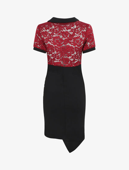 Robe bi-matière à base asymétrique - Rouge - 3