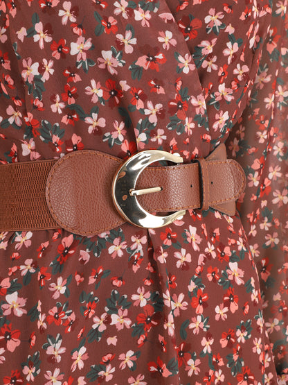 Robe mi-longue à imprimé petites fleurs - Marron - 3