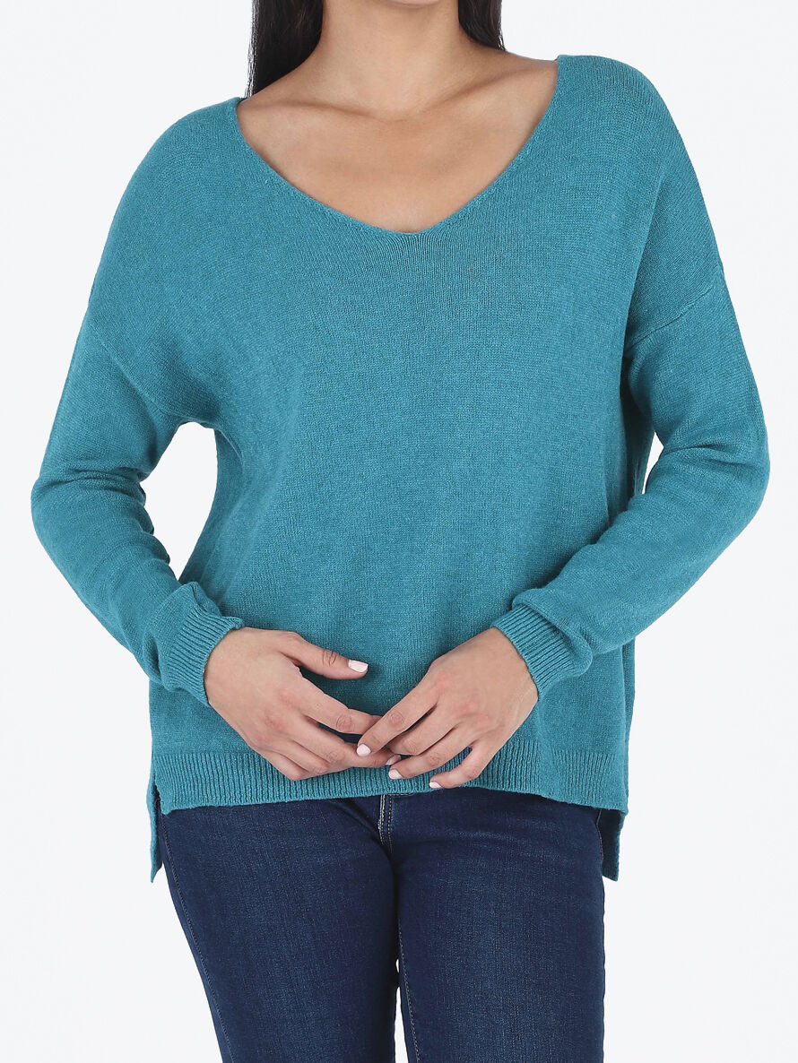 Pull ample uni col V - Bleu canard - 4