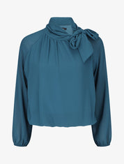 Blouse ample unie col lavallière - Bleu canard - 1