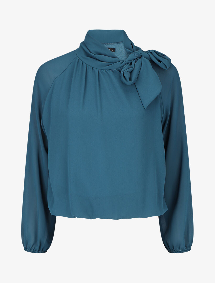 Blouse ample unie col lavallière - Bleu canard - 1