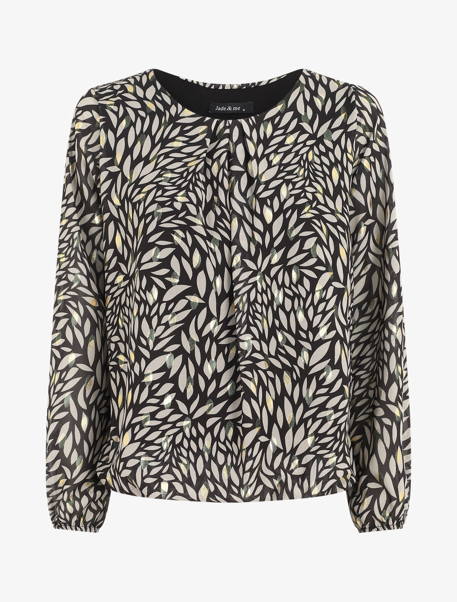 Blouse ample en voile imprimé feuilles irisées - Noir - 1