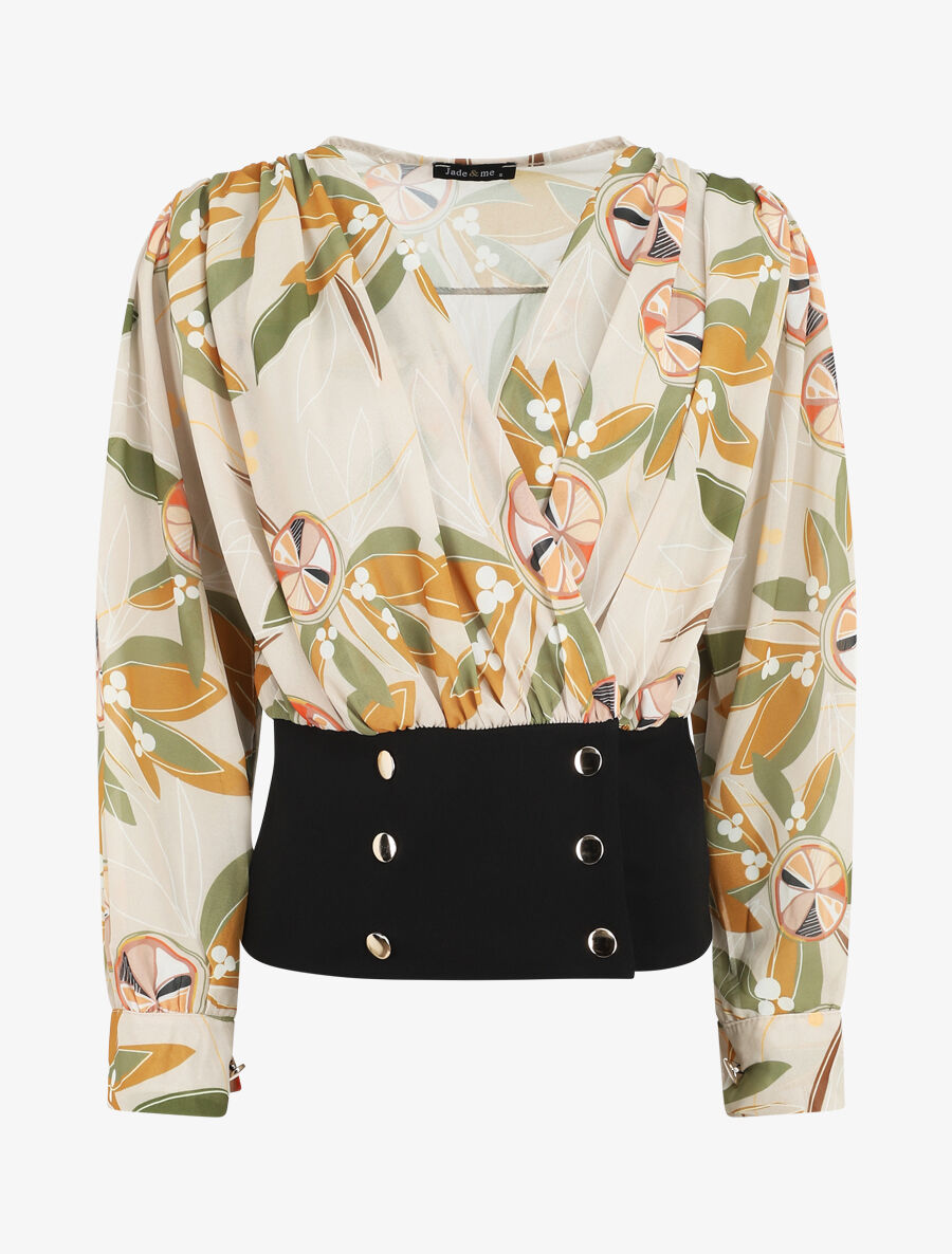 Blouse cache-coeur imprimée à boutons décoratifs - Beige - 4